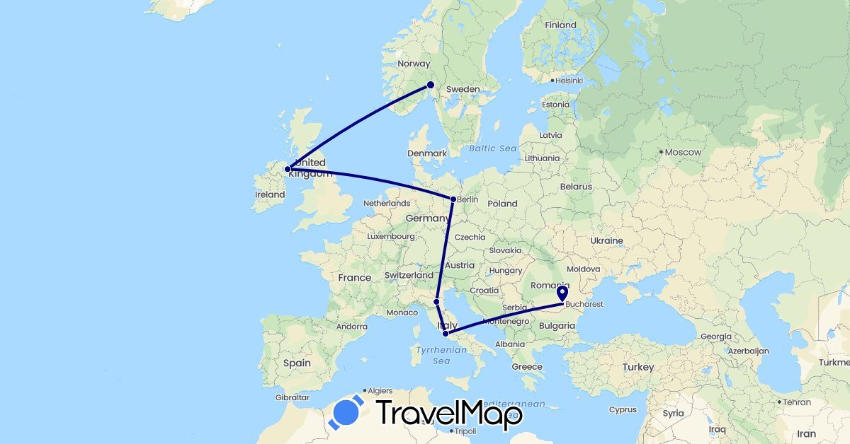 TravelMap itinerary: driving in Germany, United Kingdom, Italy, Norway, Romania (Europe)